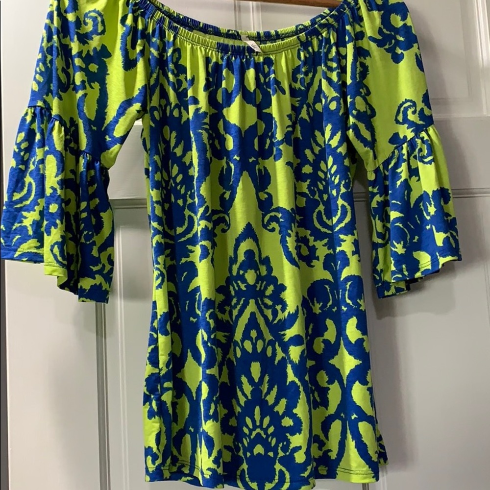 Lime green and royal blue top.